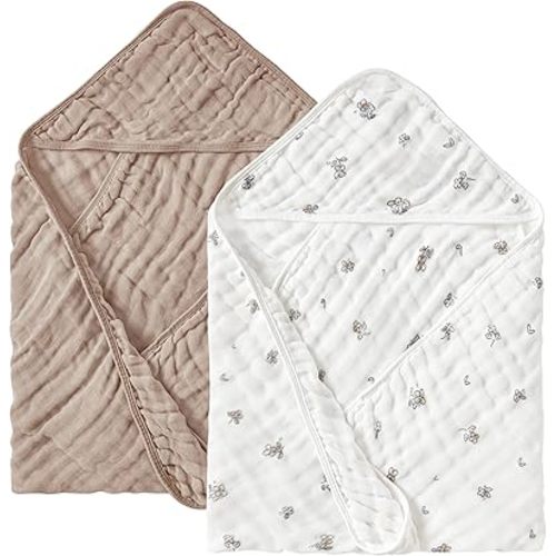 JELLYMONI Muslin Baby Hooded Bath Towels for Newborn, 2 Pack 100% Cotton Baby Bath Towel with Hood for Baby, Infant, Toddler and Kids, Large 32 x 32 Inch Baby Bath Towels Soft and Absorbent