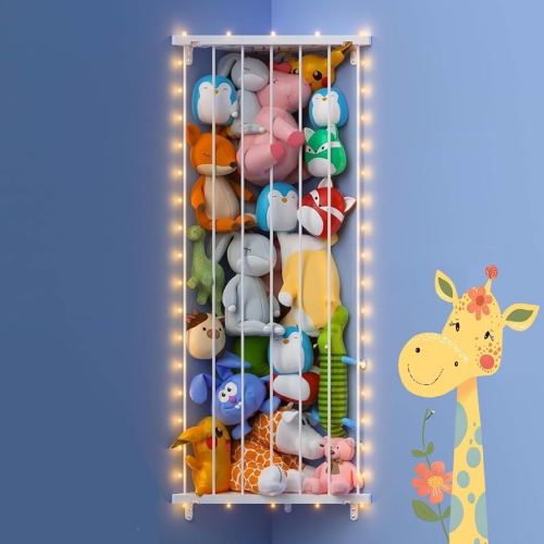 Corner Stuffed Animal Storage Net - Stuffed Animals Holder with Lights - Plush Organizer Hanging Stuffed Animal Hammock for Kids Room Playroom Bedroom Nursery Decro