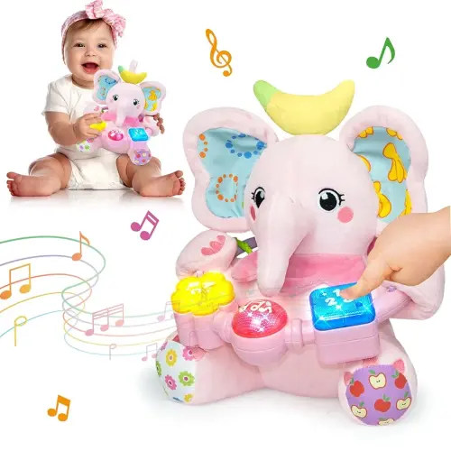 Baby Bilingual Musical Elephant Stuffed Animals Toys,Infant Early Learning Toy with Light-Up Music & Crinkle,Tummy Time Toys for 0 3 6 9 12+ Months for Baby Boy Girl Gift,Pink