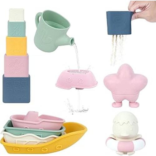 MCGMITT Baby Bath Toys for Kids Ages 1-3, 12 PCS Silicone Mold Free Bathtub Toys for 6-12 Months, Soft Stacking Cups & No Hole Duck & Floating Boats, Beach Sand Water Table Pool Toys for Toddlers