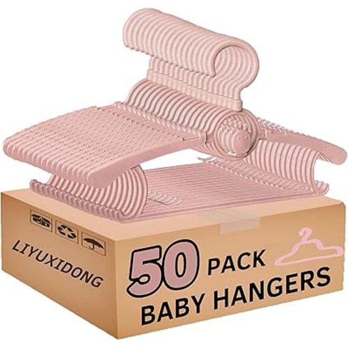 Baby Nursery Closet Hangers, 360° Swivel Hook Kids Hanger, Non-Slip Plastic Infant Hanger, 50pcs Nude Pink 11-14.5" Adjustable Baby Clothes Hangers for Girl Boy Toddler