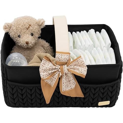 Luxurious Baby Diaper Caddy, Nursery Storage Basket for Newborn Essentials, Travel Baby Basket for Diapers Baby Wipes, Organizer Tote Bag Storage Bin, Baby Shower Gifts(black)