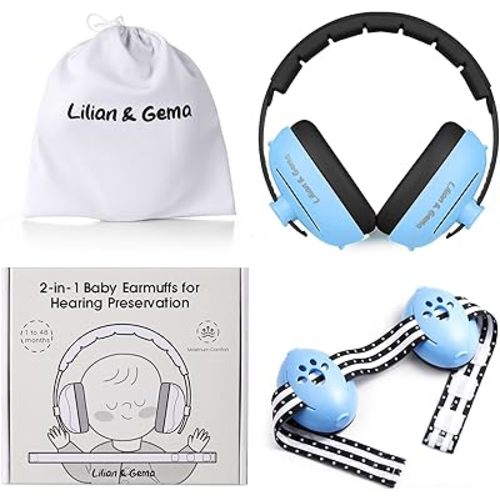 Lilian&Gema 2-in-1 Baby Ear Muffs Noise Protection, Adjustable Headphones with Stretchy Band, Noise Cancelling for Toddler up to 4 Years, Airplane Essentials/Outdoor, Black