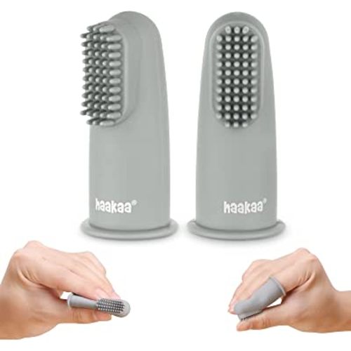haakaa Silicone Baby Finger Toothbrush Set - Ultra Soft Bristles for Baby Oral Gum Cleaning| Baby Teething Training| Newborn Oral Massager, BPA Free,2PK - 0m+Babies - SUVA Grey