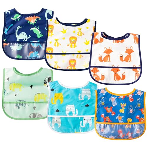2ooya 6Pcs Waterproof Toddler Bibs Baby Feeding Bib Set with Crumb Catcher Pocket Infant Adjustable Baby Teething Bib Babies Sleeveless Animals Food Bibs Keepsake Gift for Baby Shower, 6-24 Months