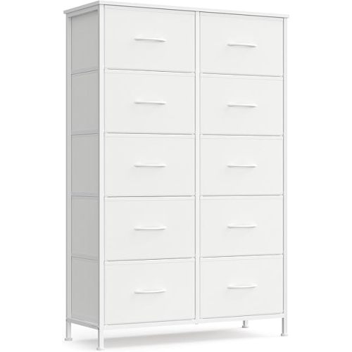 SONGMICS Dresser for Bedroom, Chest of Drawers, Steel, MDF, 10 Non-Woven Fabric Drawers, Storage Organizer Unit, Closet, Entryway, Cloud White and Snow White ULGS125W01S