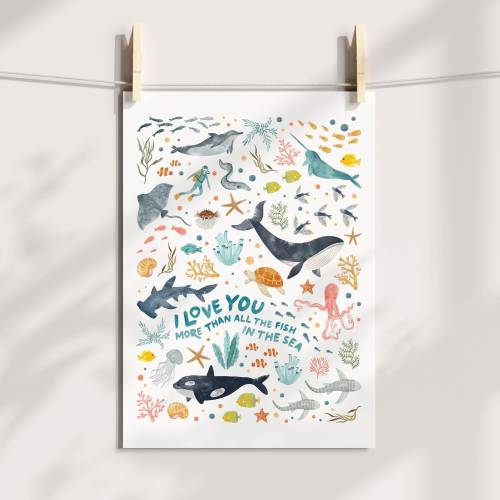 I Love You More Than All the Fish in the Sea Nursery Print, Ocean Animals Maximalist Wall Art, Unframed
