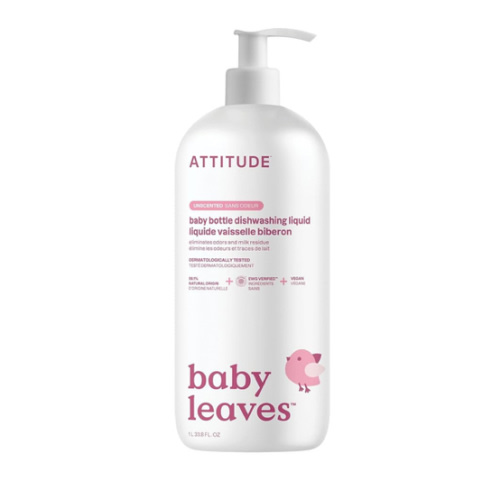 ATTITUDE Baby Dish Soap and Bottle Cleaner, EWG Verified Dishwashing Liquid, No Added Dyes or Fragrances, Tough on Milk Residue and Grease, Vegan, Unscented, 33.8 Fl Oz