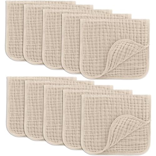 Comfy Cubs Muslin Burp Cloths Set Large 100% Cotton Hand Washcloths for Babies, Baby Essentials 6 Layers Extra Absorbent and Soft Boys & Girls Baby Bibs & Burp Cloths Set (Sand, 10-Pack, 20" X10")