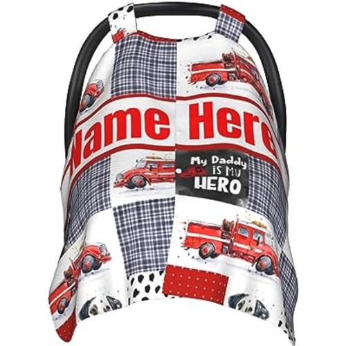 Personalized Baby Car Seat Canopy for Babies with Name, Custom Car Seat Covers for Boys and Girls, Infant Opening Minky Nursing Breastfeeding Stroller Cover Carseat Canopies for Newborn (Fire Truck)