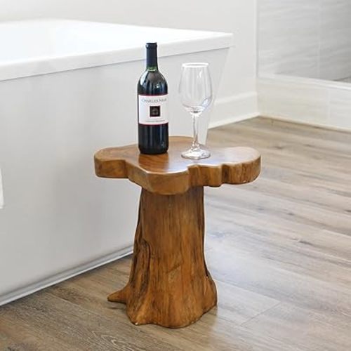 WELLAND Teak Mushroom Stool, Unique End Table, 13" W x 13" D x 14" H, Rustic Side Table, Small Accent Table, Plant Stand for Living Room, Bedroom, Home Office, Patio