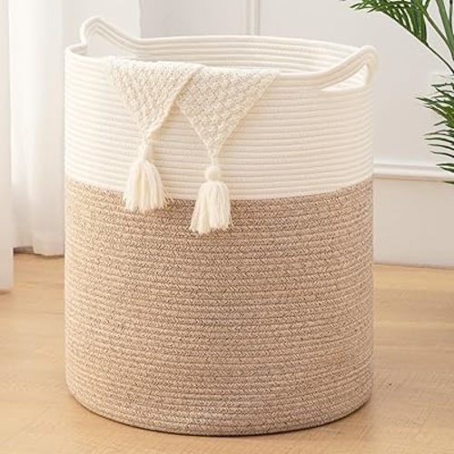 Laundry Basket, 100L Large Laundry Hamper, Tall Woven Rope Storage Basket for Blanket Toys Pillows Towels, Baby Nursery Hamper Bin for Living Room, Bedroom (Brown & White)