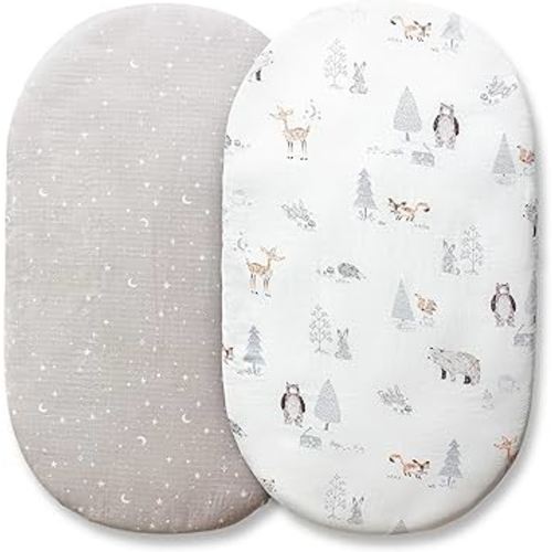 Muslin Bassinet Sheets for Baby Girls and Boys, Soft & Breathable Cotton Baby Bed Sheets for Oval, Hourglass and Rectangular Cradle Bassinet Mattress, 2 Pack