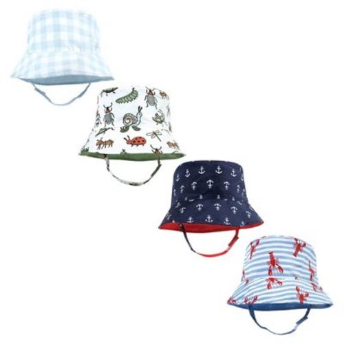 Hudson Baby Infant Boy 4pc Sun Protection Hat, Critters Plaid Anchor Lobster, 12-24 Months