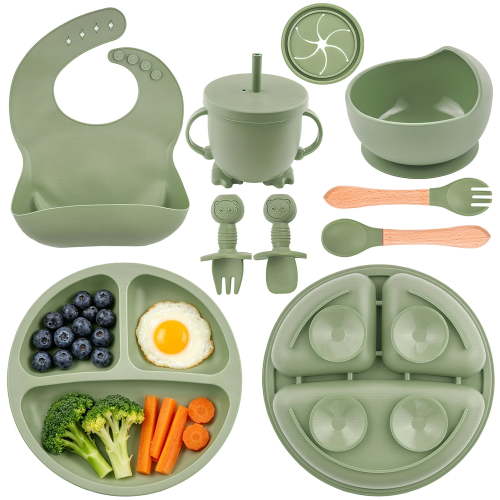 Lumikrypt Silicone Baby Feeding Set, 9 Pcs Self-Feeding Utensils with Suction Bowls Plates Sippy Cup and Straws