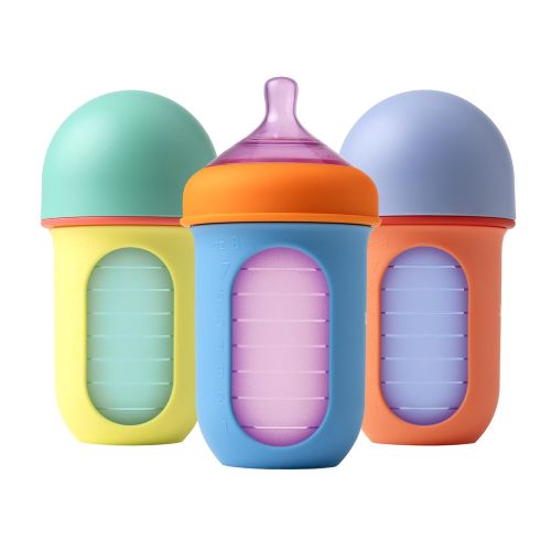 Boon NURSH Reusable Silicone Pouch Baby Bottles – Stage 2 Medium Flow – 8oz – Color Block (3pk)