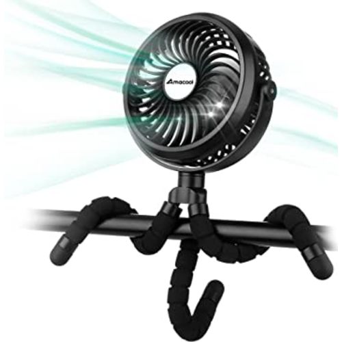 AMACOOL Battery Operated Stroller Fan Flexible Tripod Clip On Fan with 3 Speeds and Rotatable Handheld Personal Fan for Car Seat Crib Bike Treadmill (Black)