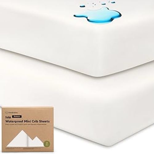 2-Pack Waterproof Pack and Play Sheets, Mini Crib Sheets Fitted for Boy, Girl - 38 x 26 Viscose From Bamboo Pack N Play Mattress Sheets for Graco, Toddler Playard Baby Crib Sheets Neutral (Soft White)