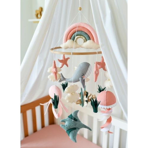 Whale mobile nursery Ocean crib mobile Baby girl mobile Octopus Jellyfish Stingray Shell mobile Rainbow mobile