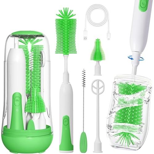 Electric Baby Bottle Brush, Rechargable Electric Bottle Brush Cleaner for Travel, Portable Baby Bottle Cleaner Brush Set with Silicone Bottle Brush, Nipple Brush, Straw Brush(Vintage Green)