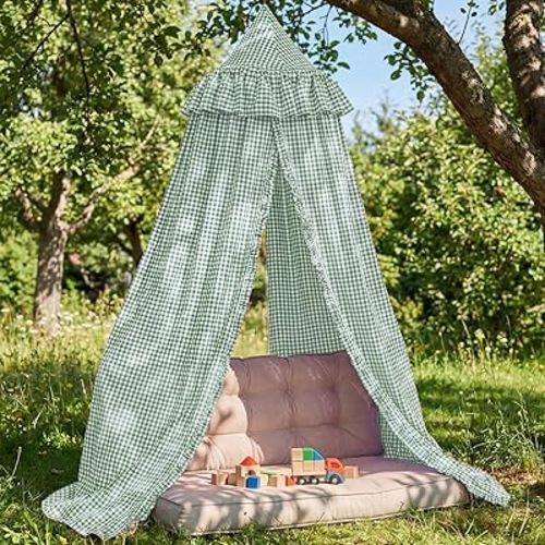 SmoothNovelty Gingham Plaid Bed Canopy with Ruffles Soft Vintage Style Decorative Tent for Reading Nook Play Area or Adult Bedroom Circus Tent Canopy(Green)