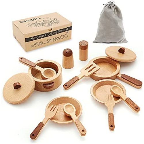 WHOHOLL Play Kitchen Accessories, Wooden Play Set Cookware Plates Dishes Play Kitchen Toys Pots Pans Cooking Sets 14 Pieces Montessori Toys for Toddlers Kids Girls Boys with Storage Bag(Small)