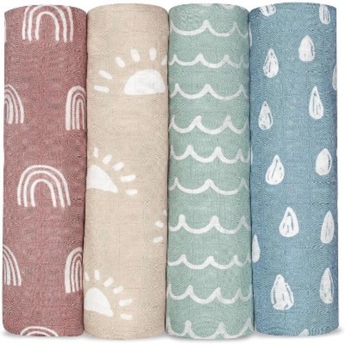 Muslin Swaddle Blankets Neutral Receiving Blanket for Boys and Girls by Comfy Cubs, Color: Sun, rainbow, rain, doodle