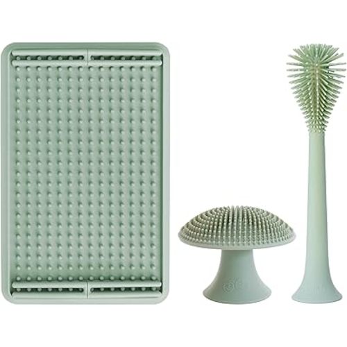 ezpz Kitchen Trio Set (Sage) - 100% Silicone + Suctions in Place Drying Rack + Adjustable Pegs +Bottle Brush +Mushroom Sponge with Suction Base- Dishwasher Safe- Durable- Long-Lasting