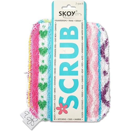 Skoy Scrub, 2-pack Reusable, Non-Scratching Dish Scrubber for Kitchen and Household Cleaning, Planet-Friendly, Dishwasher Safe Soft Scrub, Assorted Colors and Designs