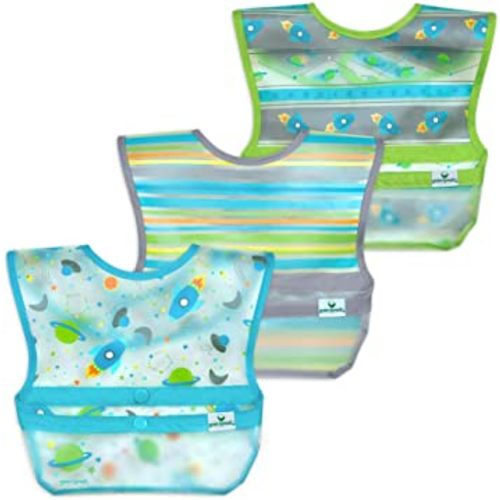 green sprouts Snap + Go Wipe-off Bibs (3 pack), Waterproof, Easy Clean, Catch-all Pocket, Made without PVC, Formaldehyde