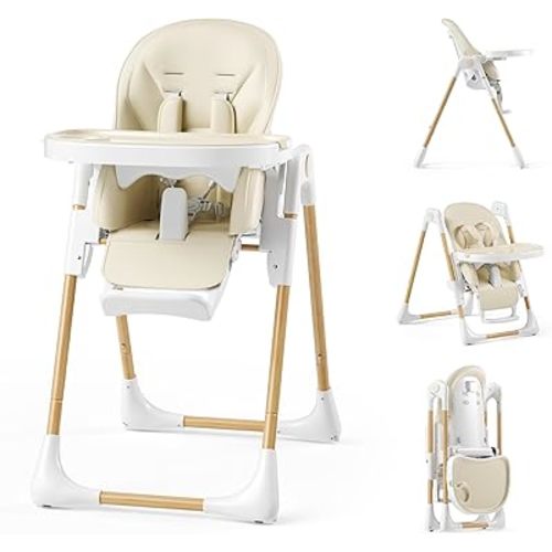 Kinder King Convertible High Chair for Babies & Toddlers, Adjustable Baby Feeding High Chair with Removable Double Tray, Simple Compact Fold for Space-Saving, 2 Built-in Wheels, Easy to Clean