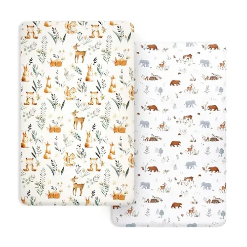 PHF Soft Mini Crib Sheet Set, 2 Pack Silky Comfy Pack N Play Sheets for Boys Girls, Universal Fit for Pack N Play, Playard and Mini Crib Mattresses, Woodland