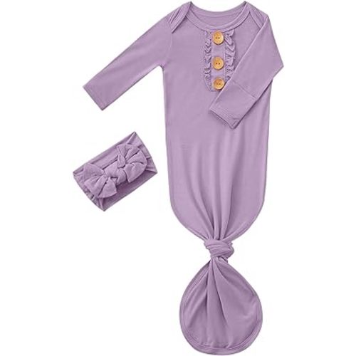 Newborn Baby Girls Knotted Gown Headbands Set Soft Viscose from Bamboo Infant Sleeper Baby Sleep Gown with Mittens