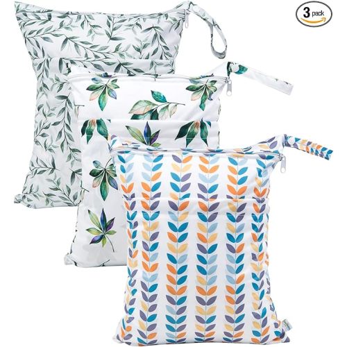 babygoal Wet Dry Bags for Baby Cloth Diapers, Washable Travel Bags, Beach, Pool, Gym Bag for Swimsuits & Wet Clothes with Two Zippered Pockets 3 Pack 3LN08 - willow and eucalyptus leaves