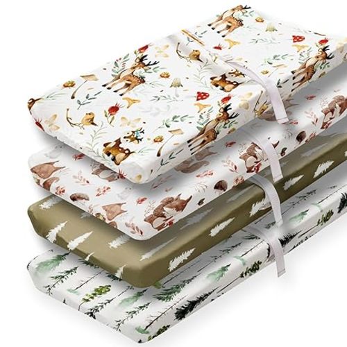 4 Pack Changing Pad Covers Woodland Forest Animals Wood Neutral Unisex Fitted Baby Changing Pad Cover Set for Baby Boys or Girls (Beer)
