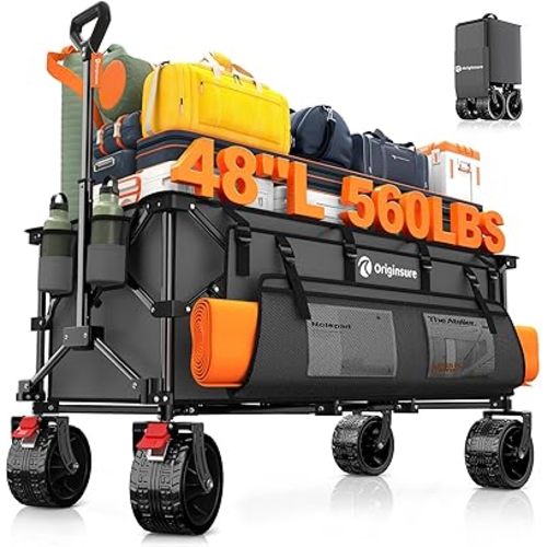 48" L Collapsible Wagon Cart Foldable, 560lbs Weight Capacity 300L Heavy Duty Folding Beach Wagons with Big All-Terrain Wheels, Utility Carts for Groceries, Shopping, Camping, Sports - Grey