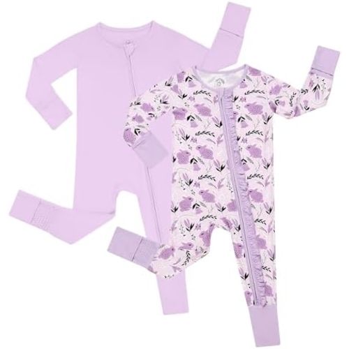 JunNeng 2Pcs Baby Girl Viscose from Bamboo Sleeper with Mitten Cuffs, 2 Way Zipper Romper, Sleep N' Play Pjs 0-18 Months