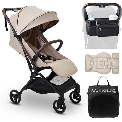 MAMAZING Ultra Air Lightweight Baby Travel Stroller with Carbon Fiber Frame, Compact & Airplane-Friendly, One-Handed Fold, 11.6 lbs, Perfect for Toddlers, Organizer & Cushion Included, Simply Taupe