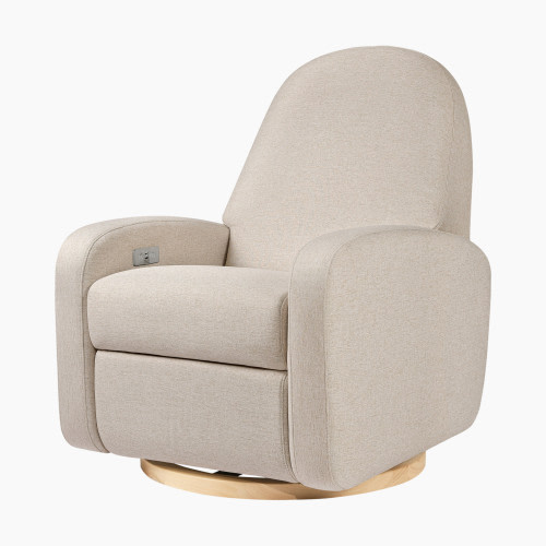 babyletto Nami Electronic Recliner and Swivel Glider Recliner in Eco-Performance Fabric - Performance Beach Eco-Weave With Light Wood Base