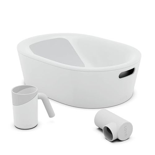 Lalo Bathtime Starter Kit - 3-Piece Set Includes Modern Baby Bathtub, Rinse Cup & Spout Cover - Safe, Easy to Clean Design for Newborns - 25.3 x 18 x 7.7 in, 10 lb - Coconut