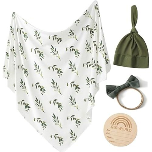 Little Jump stretchy baby Swaddle Blanket and Hat Bow Set, Olive Branches Jersey Cotton Receiving Blanket, newborn hospital outfit for Boys (Green)