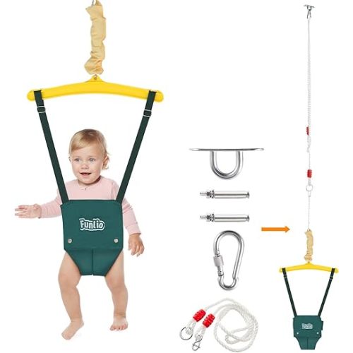 FUNLIO Baby Jumper with a Ceiling Hook for 6-24 Months, Baby Door Jumper for Indoor/Outdoor Play, Infant Jumper Doorway with Adjustable Chain, Easy to Assemble & Store (with a Ceiling Hook) - Green
