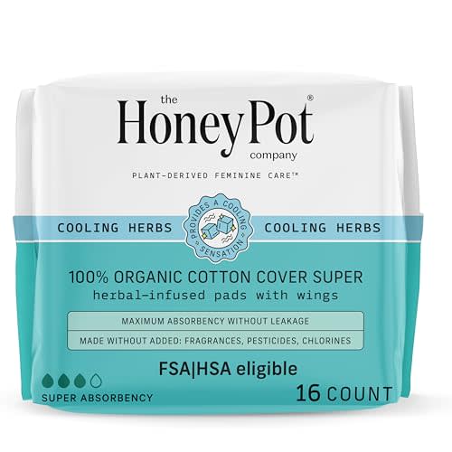 The Honey Pot Company - Herbal Pads for Women - Super Pads w/Wings - Infused w/Essential Oils for Cooling Effect, Organic Cotton Cover, & Ultra-Absorbent Pulp Core - Feminine Care - FSA & HSA - 16 ct
