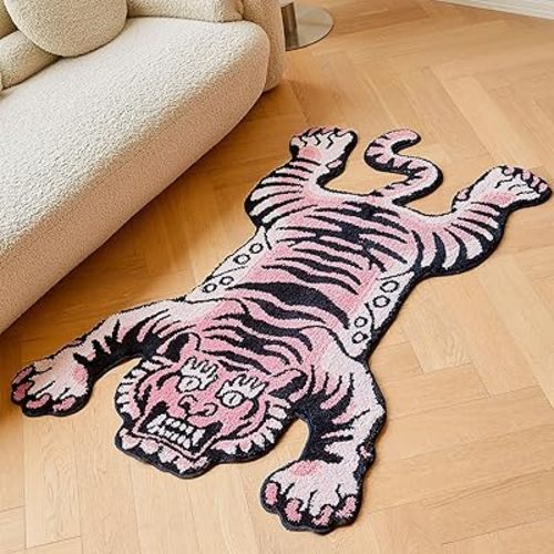 5x3.3ft Tibetan Tiger Area Rug Tufted High Pile XLarge Indoor Machine Washable Carpet with Nonslip TPR Backing - Bedroom, Bathroom, Living & Dining Room Home Décor, Pink