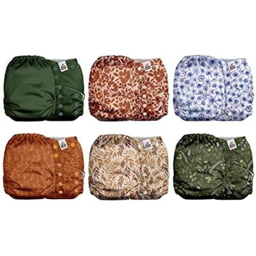 Mama Koala 2.0 Cloth Diapers for Babies with Suede Cloth Lining, 6 Pack with 6 Natural Cloth Diaper Inserts - Reusable and Washable Pocket Diapers (Neutral Leaves)