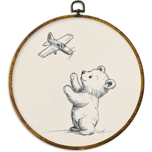 XPH Bear Airplane Nursery Round Wall Art Framed, Kids Room Circle Wall Decor, Neutral Minimalist Sketch Airplane Bear Hanging Canvas Prints for Kids Nursery Bedroom Playroom Decoration, 10x10 Inch