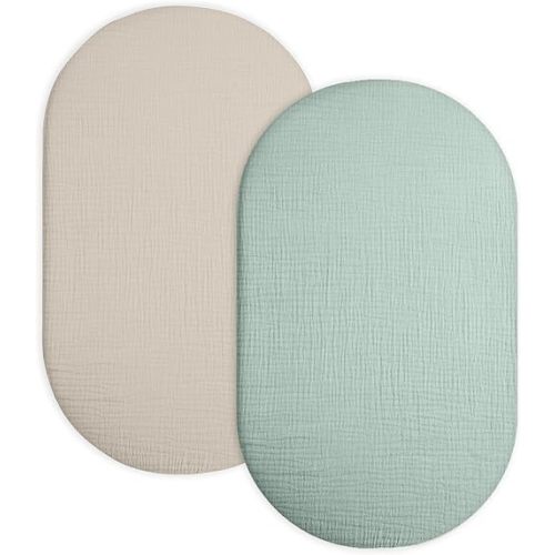 Bassinet Sheet for Baby Boy Girl 2 Pack, Fitted Sheets for Rectangle, Oval, Hourglass Bassinet Mattress, Muslin Moses Basket Sheets (Beige & Sage, Bassinet Sheet)