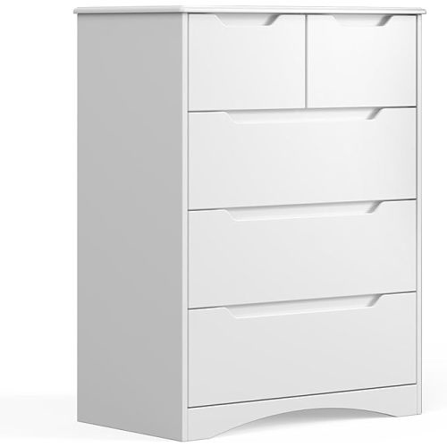 Gizoon 5 Drawers Chest, White Dresser for Bedroom with Large Storage Capacity, Chest of Drawers with Embedded Handle, Anti-Tripping Device for Hallway, Office, Living Room