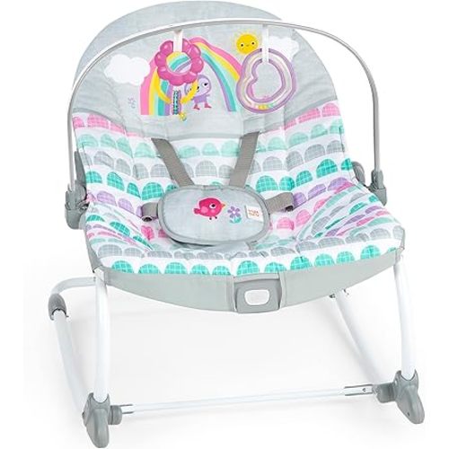 Bright Starts Rosy Rainbow Infant to Toddler Rocker with Vibrations, Baby Seat for Girl or Boy, Newborn +