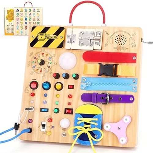 23 in 1 Busy Board Montessori Toys for 1-3 Year Old Wooden Learning Educational Toy for Toddlers with 15 Switches, 26 LED Lights, Music Boxes, Locks,Zippers Toddler Sensory Toys for Soothing A Baby